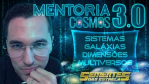 Banner da Mentoria 3.0 Cosmos com Neva, mostrando uma galáxia em expansão e a conexão entre o ser humano e o universo infinito