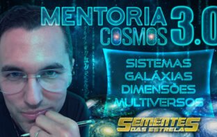 Banner da Mentoria 3.0 Cosmos com Neva, mostrando uma galáxia em expansão e a conexão entre o ser humano e o universo infinito