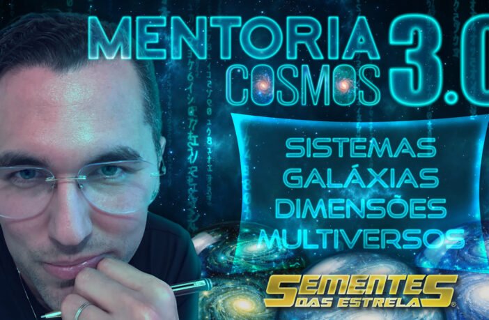 Banner da Mentoria 3.0 Cosmos com Neva, mostrando uma galáxia em expansão e a conexão entre o ser humano e o universo infinito