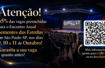 Banner informativo do Encontro Anual Sementes das Estrelas 2026 em São Paulo com aviso de 65% das vagas preenchidas
