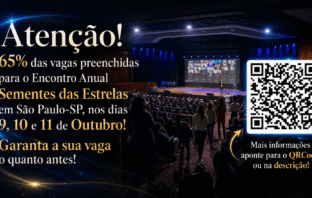 Banner informativo do Encontro Anual Sementes das Estrelas 2026 em São Paulo com aviso de 65% das vagas preenchidas