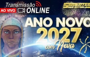 Divulgação do Ano Novo 2027 com Neva e mensagem de Pai Seta Branca no portal Sementes das Estrelas